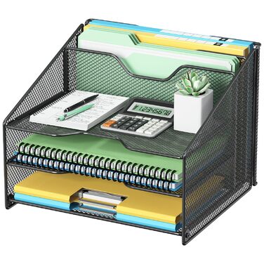 Настільний органайзер OUTWOLF з тримачем для файлів, 3-рівневий органайзер для паперів 2 вертикальні відділення, сітчастий металевий настільний органайзер для файлів A4, паперу, книг, офісного приладдя, чорний