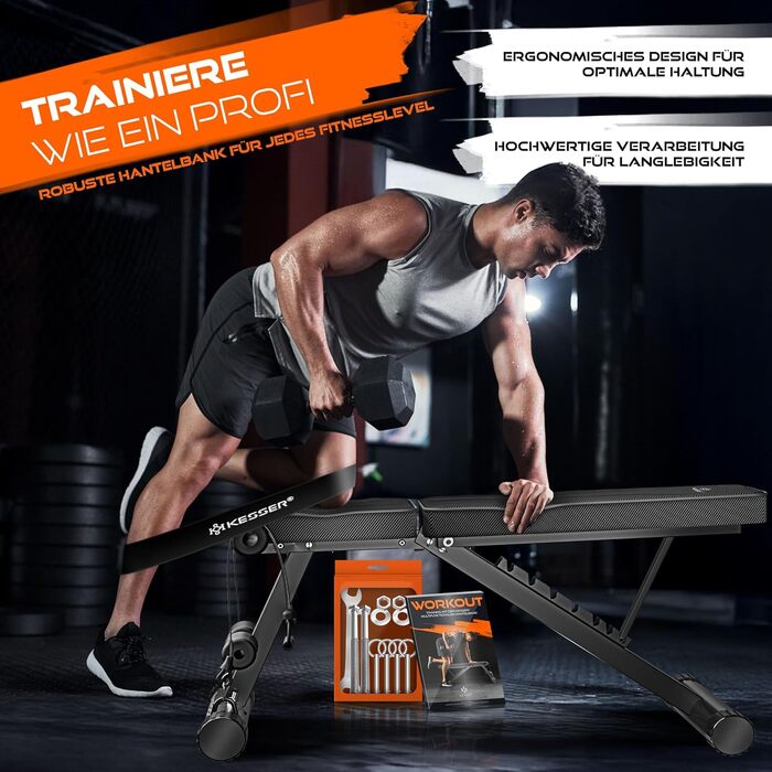 Складана силова лава KESSER, багатофункціональна тренувальна лава зі спинкою, вантажопідйомність 500 кг Регульована лава, фітнес-обладнання для жиму лежачи Тренування всього тіла, похила лава для фітнесу та тренувань, чорний/антрацит