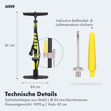 Велосипедний насос AARON Sport One з манометром, 42 см, 11 бар / 160 psi, сталь/алюміній/пластик, жовтий