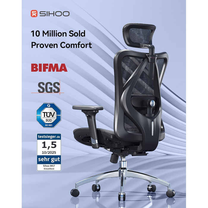 Ергономічне офісне крісло SIHOO M57, крісло керівника з 3D-регульованими підлокітниками та поперековою опорою, високою спинкою з приємної на дотик сітки, робоче крісло з вантажопідйомністю до 150 кг/330 фунтів (чорне)