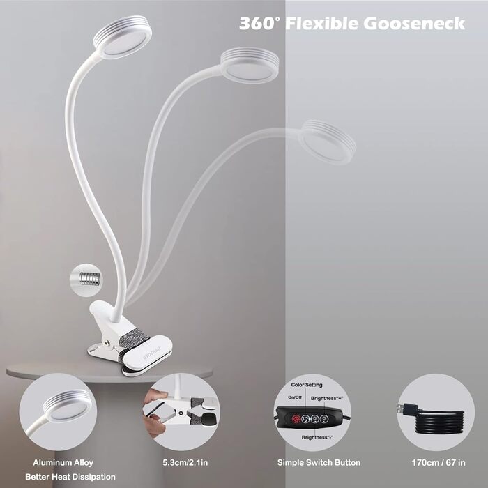 Лампа для читання EYOCEAN, світлодіодна лампа-затискач, лампа на гусячій шиї, дитяча приліжкова лампа, 3 колірні режими та 9 рівні