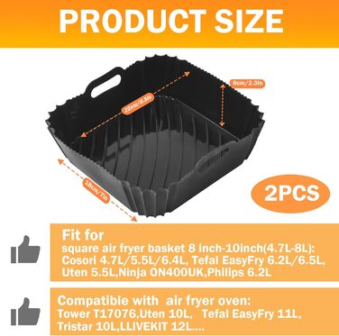 Силіконовий піддон для фритюрниці, аксесуари для фритюрниці, квадратний піддон для фритюрниці, багаторазовий кошик/лоток для фритюрниці Cosori 4.7 л - 5.5 л, башта, фритюрниця або духовка Tefal (2 шт. и/чорний)