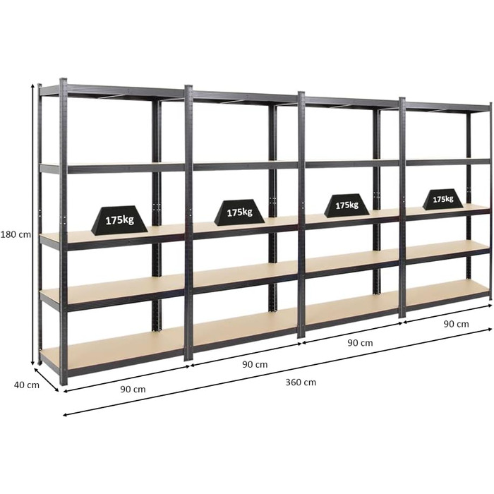 Міцний стелаж Ragnar 180x90x40 см з вантажопідйомністю 175 кг Чорний Гаражні стелажі Підвальні стелажі Майстерні Стелажі для зберігання Безболтовий стелаж 4-елементний - 180x90x40 см Чорний МДФ панелі, 4 шт.