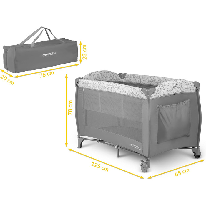Дитяче ліжечко Ricokids з матрацом, 125 x 65 x 78 см, дорожнє ліжечко, вагою до 15 кг, 2 колеса з гальмами, бічний вхід, сумка для перенесення, функція гойдання, ігрова арка, пеленальний столик, складний, світло-сірий