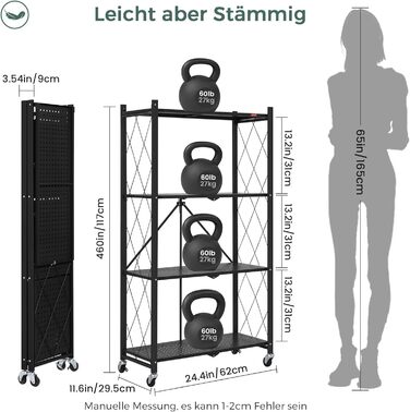 Складана полиця DEANIC, книжкова шафа на 4 полиці, кухонні полиці на колесах, металева полиця для вітальні, комора (61 x 116 x 28 см, чорна) чорна, 4 яруси