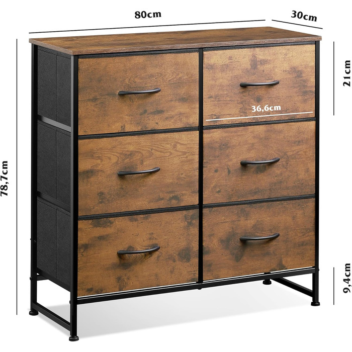 Комод WLIVE з 6 тканинними шухлядами, комод для спальні, комод для вітальні, з міцним сталевим каркасом, дерев&39яна стільниця, вінтажний коричнево-чорний