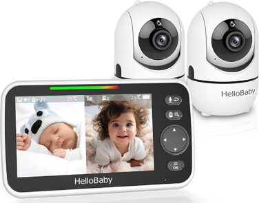 Камери HelloBaby, Радіус дії 305 м, Батарея на 26 годин, Розділений екран 5&39, Поворотна відеоняня 355/120, Без Wi-Fi, ECO, 2-сто