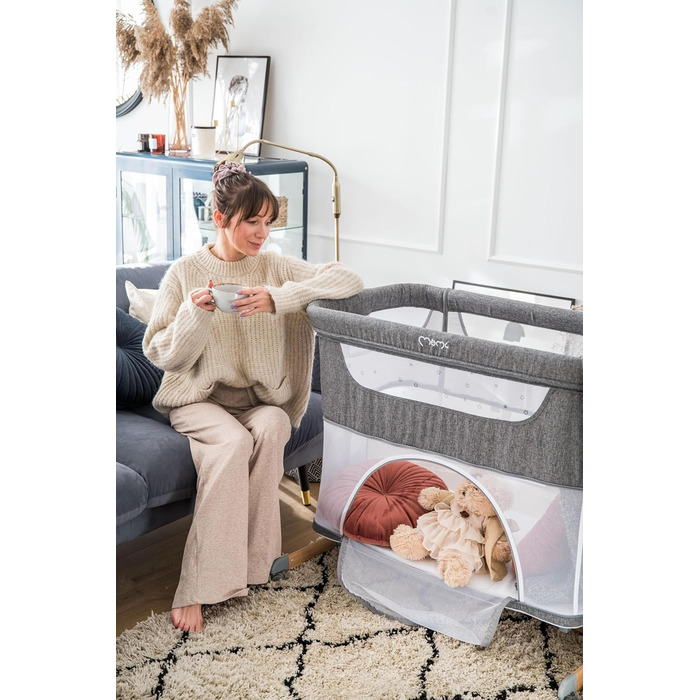 Дитяче ліжечко Momi SMART Bed 4-в-1 до 15 кг, приліжкове ліжечко для немовлят з матрацом, регульована висота, сірого кольору, одномісне