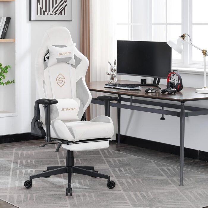 Ігрове крісло, біла шкіра, ігрове крісло з мікрофібри з підставкою для ніг, гоночне ігрове крісло з регульованими підлокітниками, поперекова подушка, підголівник, вантажопідйомність 180 кг, штучна замша - сталеві ніжки, білі