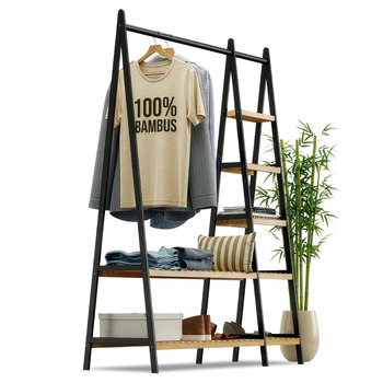 Вішалка для одягу, штанга для одягу, підставка для гардеробу, 44 x 110 x 160 см, шафа, полиця для взуття, відкрита шафа, 7 полиць, спальня, передпокій, бамбук, чорний