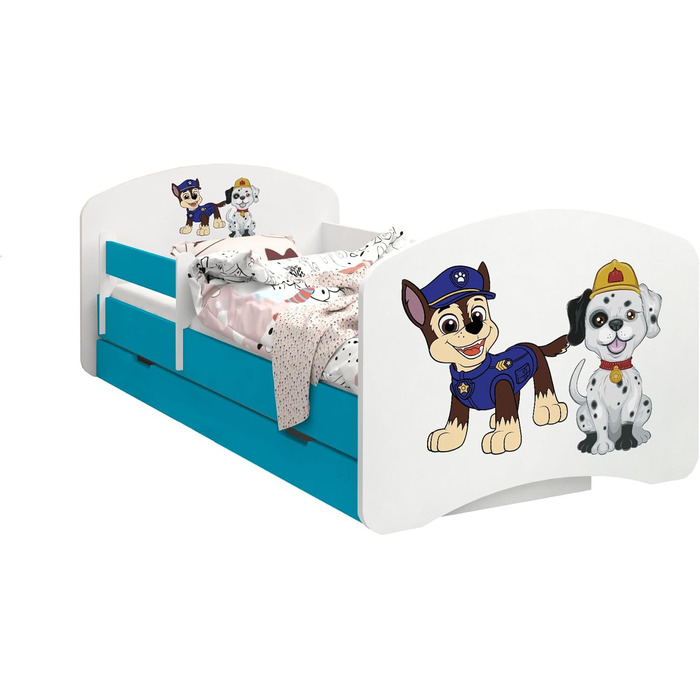 Дитяче ліжко Happy Babies - із захистом від падіння, хлопчик, 140x70, дитяче ліжко з шухлядою та матрацом, односпальне ліжко для дітей, біле/синє, з мотивом собаки, блакитне Niebieskie