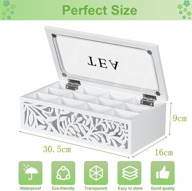 Чайна коробка, коробка для чайних пакетиків, перфорована дерев&39яна коробка для зберігання чаю з 12 відділеннями, контейнер для зберігання зі скляною стінкою та кришкою (білий) - чайна скринька для чайних пакетиків, цукру, кавових капсул