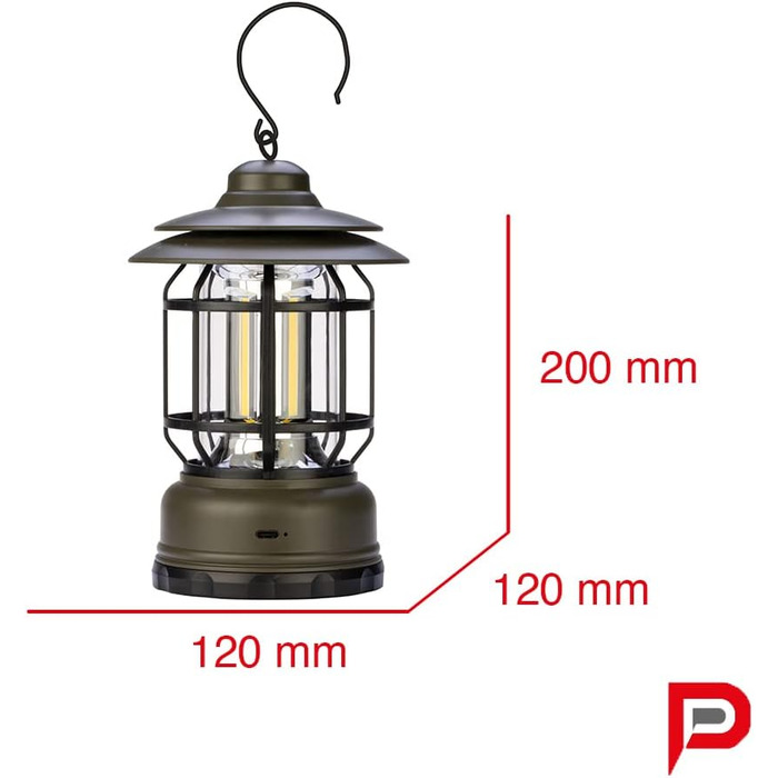 Акумуляторний світлодіодний вуличний ліхтар, ретро-дизайн - Багатоцільовий кемпінговий ліхтар, 300 лм, з регульованою яскравістю - Портативний аварійний ліхтар з гачком для намету - Світлодіодний ліхтар, виготовлений в Італії, 3115