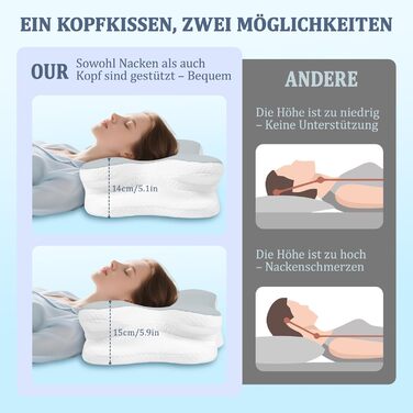 Подушка для шиї - Ортопедична подушка з піни з ефектом пам&39яті, ергономічна подушка для полегшення болю в шиї для сну на боці, спині та животі з чохлом з крижаного шовку (сіра)