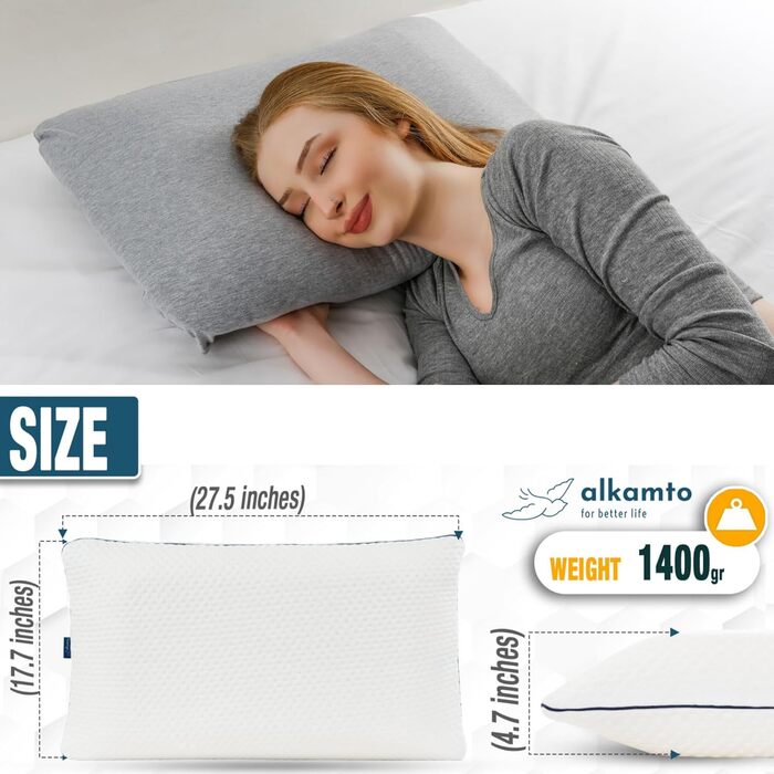 Подушка alkamto з піни з ефектом пам&39яті 70x45 см Ергономічна подушка для підтримки шиї Сертифіковано Oeko-Tex Терморегулюючий чохол Гіпоалергенна та придатна для прання Для сну на спині та на боці