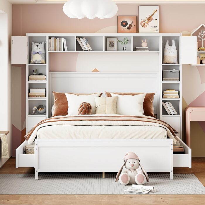 Настінне ліжко 140x200, настінне ліжко з рейковою основою, ліжко-мерфі з 4 шухлядами та великою шафою для зберігання, ліжко з масиву дерева, двоспальне ліжко, каркас ліжка (білий) A-white