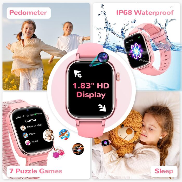 Дитячий смарт-годинник з GPS та телефоном, 4G дитячий годинник з HD-дзвінками, голосовим чатом, екстреним викликом SOS, шкільним режимом, крокоміром, будильником, головоломками, подарунки для дівчаток та хлопчиків 4-15 років, рожевий 4G рожевий