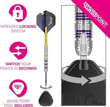 Дартс Target Luke Littler Loadout Steel Tip Swiss Point Darts, 90 вольфрам, 22G/23G/24G Набір дротиків зі сталевим наконечником, видання Player Edition, набори дротиків Swiss Points з інструментами, дротиками Pro Grip та льотками 2