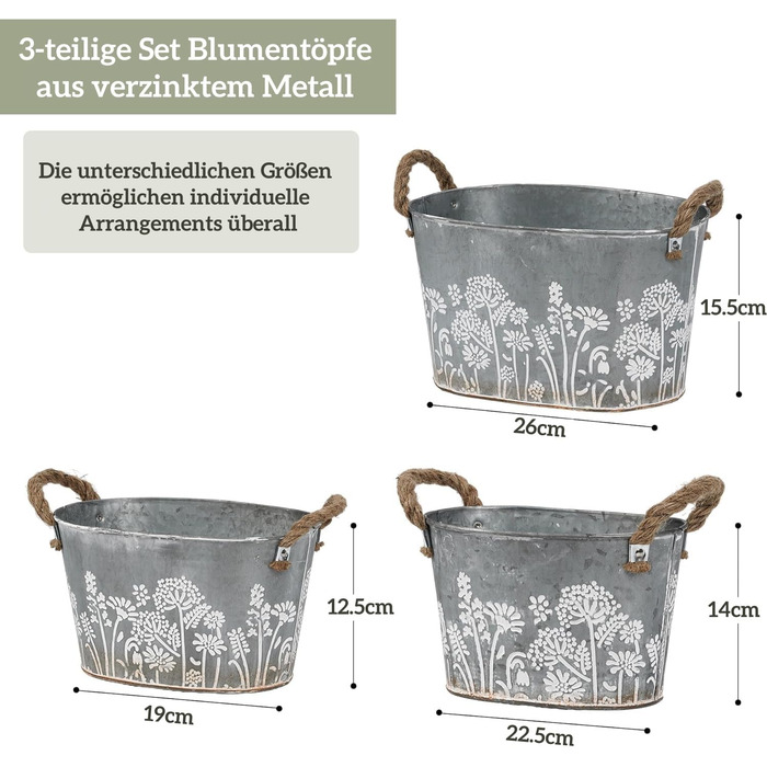 Набір вінтажних вуличних квіткових горщиків, 3 предмети, оцинковані металеві горщики для рослин з мотузковими ручками, відра для квітів/горщики для трав для кухні, балкону та саду, 19/22,5/26 см