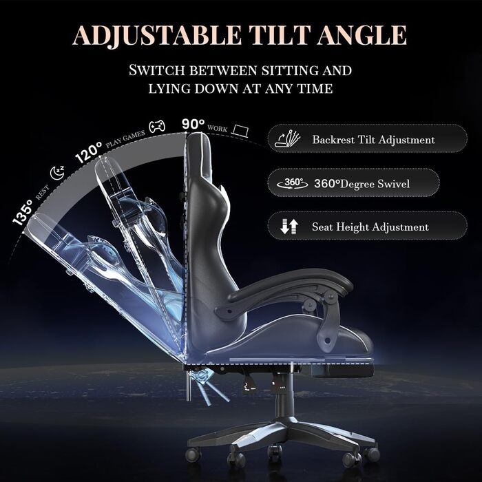 Ігрове крісло bigzzia з функцією масажу та висувною підставкою для ніг, ергономічне поворотне крісло, регульована спинка 90-135, м&39яке ігрове крісло з масажною поперековою подушкою та підголівником, біле