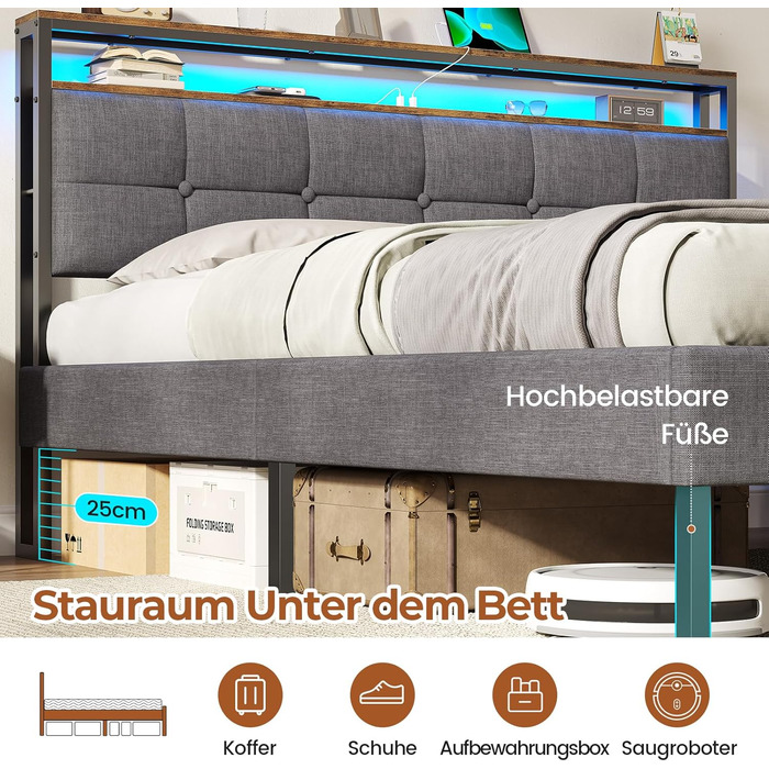 М&39яке ліжко AOGLLATI 140x200 з металевою рейковою основою, каркас ліжка зі світлодіодним освітленням та розетками, ліжко з місцем для зберігання, металеве ліжко з узголів&39ям, двоспальне ліжко, каркас ліжка з USB-портами, 140x200 см