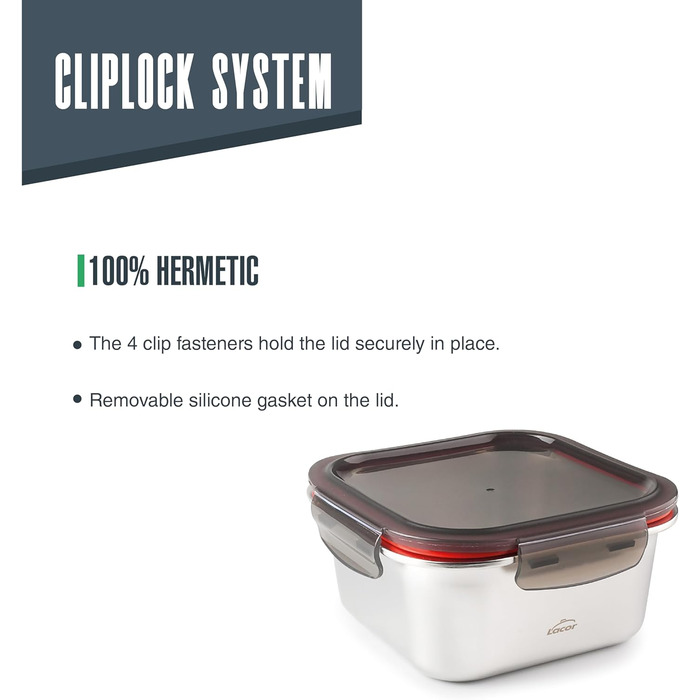 Контейнер для харчових продуктів квадратний, нержавіюча сталь 18/10, 650 мл. Підходить для мікрохвильової печі, духовки, морозильної камери та посудомийної машини, герметичний, з 4 затискачами, не містить BPA., 64613 Ecoinox