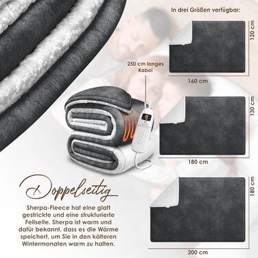 Електрична ковдра з підігрівом KESSER з автоматичним вимкненням 200x180 см, двостороння Затишна ковдра для ліжка, дивана 9 температурних режимів Можна прати до 40C з таймером та цифровим дисплеєм Антрацит