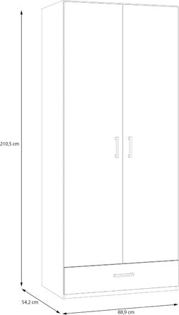 Гардероб Forte ECONOBOX 90, класична шафа з двома дверима-орнізаторами та 1 шухлядою, інженерна деревина, білий колір, ширина 88,9 см, висота 210,5 см, глибина 54,2 см. Білий матовий, 2-дверний з шухлядою.