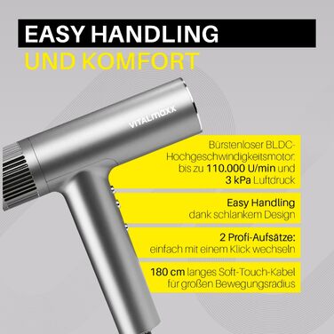 Компактний фен з іонізацією та BLDC-мотором Фен з 3 рівнями температури та 2 швидкостями 2 насадки та цифровий дисплей 1500 Вт надзвичайно тихий