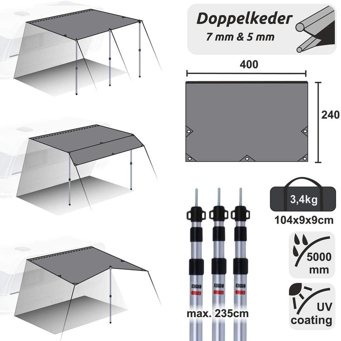 Ваш брезент GEAR Caravan Sun Sail Caravan 4 x 2.4 м Сонцезахисний навіс з палицями УФ 50 захист водонепроникний 5000 мм