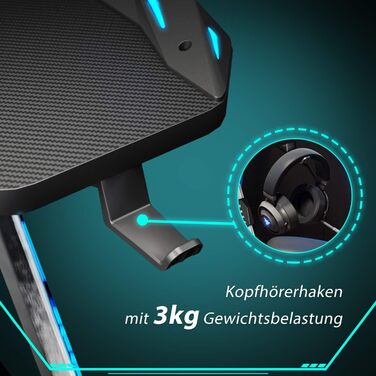 Ігровий стіл SONNI 140 см, ігровий стіл зі світлодіодним підсвічуванням, Z-подібна міцна ніжка, з підставкою для чашки та підставкою для навушників, 140x60x75 см, чорний (килимок для миші не входить до комплекту)