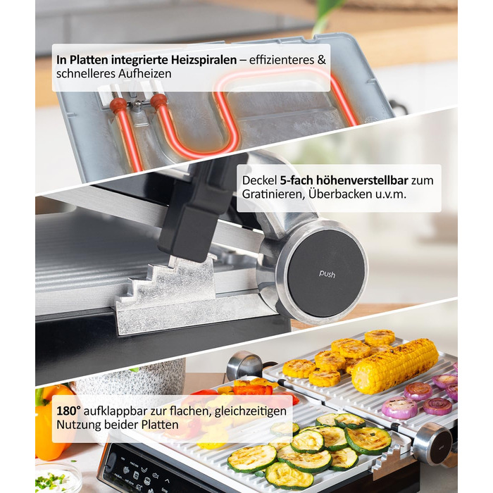 Електрогриль Genius Chef з корпусом із нержавіючої сталі для стейків та сендвічів, знімні панелі, набір 6 предметів, сірий