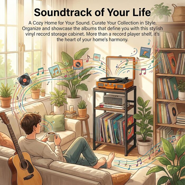 Підставка для програвача платівок, 3-ярусний бічний столик, столик для програвача платівок, до 120 альбомів, столик для вітальні, спальні, вінтажний коричневий (сільський коричневий)