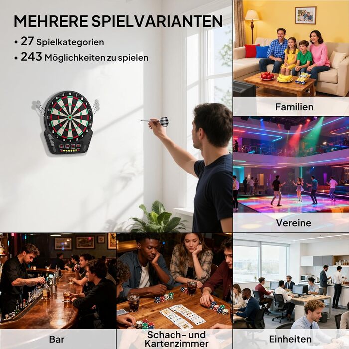 Набір електронних дротиків HOMCOM зі світлодіодним дисплеєм, автоматичним підрахунком очок, звуковими ефектами, 6 дротиків, 24 головки для дротиків, 27 ігор та 243 варіантами влучань для 16 гравців, 44 x 51,5 x 3,2 см