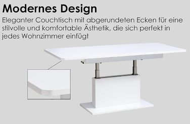 Розсувний журнальний столик designimpex DC-1, регульована висота 126/168 см, білий глянець, сучасний, універсальний стіл для вітальні, обідній стіл, журнальний столик, журнальний столик до дивана, що економить місце, високоякісний журнальний столик для ві