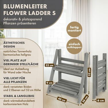 Квіткова драбина S 52x424см світло-сіра - 2-ярусна квіткова драбина, декоративна та стійка до атмосферних впливів, виготовлена з масиву дерева - підставка для рослин для квартири, балкону, тераси, для вулиці та приміщень, складна, S - 52x424см