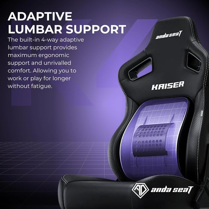 Ергономічне ігрове крісло Anda Seat Kaiser 4 - велике ігрове крісло для дорослих з 4-рівневою поперековою опорою, лляною тканиною, підтримкою шиї та спини, ігрове крісло чорного кольору з тканини великого розміру