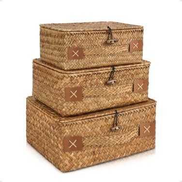 Кошик для зберігання з ротанга з кришкою, 3 шт. плетених кошиків з натуральної морської трави, багатофункціональна коробка для зберігання іграшок, косметики, туалетного паперу для ванної кімнати, велика - 3 шт. - кавового кольору