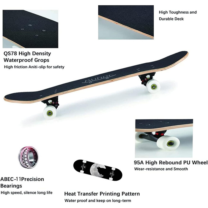 Скейтборд Alihoc 31" Standard Skateboard – Night Wolf Head для дітей, підлітків, дорослих, початківців та професіоналів, з максимальним навантаженням 150 кг. Голова Нічного Вовка