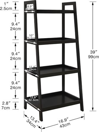Бамбукова книжкова полиця SMIBUY з драбиною, органайзер для полиць у ванній кімнаті, окремостояча підставка для рослин, компактні полиці для спальні, кухні, балкону (чорна, 4 полиці (99 см заввишки)) Чорна 4 полиці (99 см заввишки)