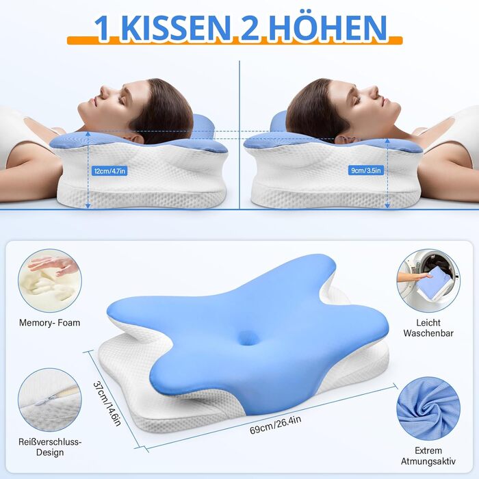 Подушка з піни з ефектом пам&39яті, подушка для підтримки шиї, ергономічна подушка для сну на боці, подушка для шиї, подушка для голови для сну на боці, спині та животі, 69x37x9/12 см, синя