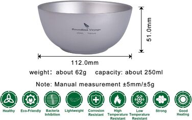 Титанова чаша для рисового супу, посуд 250 мл, легкий двостінний круглий посуд для подорожей, походів, дому Ti1093T 250 мл - Ti1093t