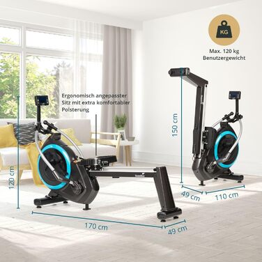 Домашній веслувальний тренажер Skandika Nordlys Автентичне відчуття веслування завдяки поворотним важелям на кулькових підшипниках, складаний, магнітний опір, 16 рівнів, 21 програма тренувань, Bluetooth, додаток Kinomap, веслувальний тренажер