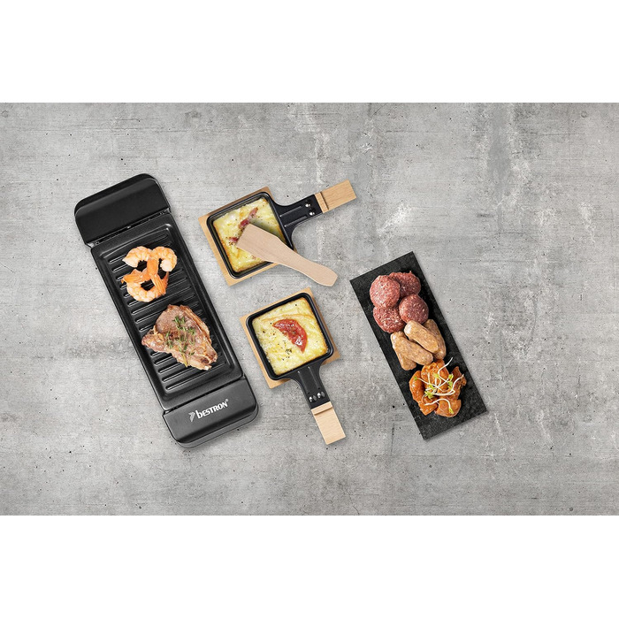 Раклет Bestron на 1 до 2 осіб, міні-настільний гриль з двома сковородами, двома дерев'яними скребками та двома підставками, 350 Вт, колір чорний