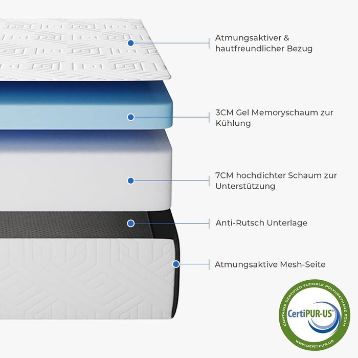 Матрац Vesgantti Folding Mattress для гостей 60x190x10 см, 3-секційний складний матрац з гелевої піни для гостьового ліжка, дорожнє ліжко, компактне, сертифіковане Oeko-Tex, 10 см, 60 x 190 см