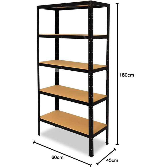 Чорний надміцний стелаж, чорний металевий стелаж, 5 полиць вантажопідйомністю 175 кг кожна, стелаж для зберігання, стелаж для підвалу, побутовий стелаж, чорний металевий стелаж, окремостоячий, В 180см / Ш 60см / Г 45см, 180x60x45