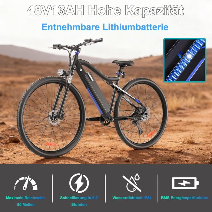 Електровелосипед M920 27,5 дюйма для дорослих 9-швидкісний електровелосипед зі змінним акумулятором 36 В 13 Аг, двигуном 250 Вт, швидкістю 25 км/год та запасом ходу до 60 км. Синій.