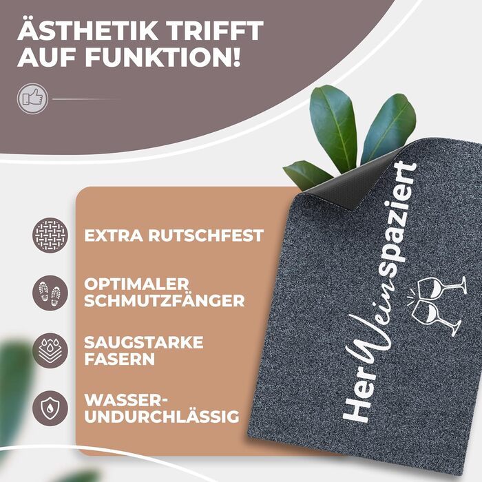 Килимок для дверей 40x60 см HerWEINspaziert Миється та нековзний Для внутрішніх та критих зовнішніх приміщень Веселий килимок для дверей сірого кольору Ідеально підходить як килимок для уловлювання бруду та входу 02 Herweinspaziert 60 x 40 см