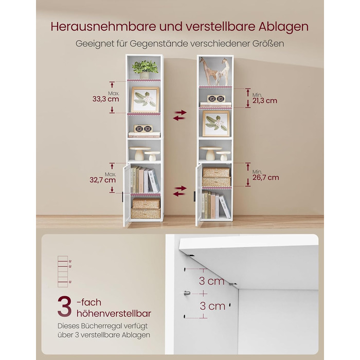 Колекція Custos - Книжкова полиця, висока 6-ярусна, окремостояча полиця з дверцятами, відкрита полиця для зберігання, 24 x 31,8 x 175 см, для вітальні, домашнього офісу, їдальні, хмарно-білий LBC401W01 31,8B см хмарно-білий