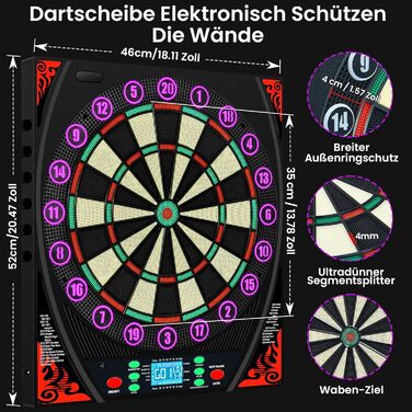 Електронна мішень для дартсу з німецьким голосом, підсвіченим кільцем з цифрами та РК-екраном, електронна мішень для дартсу з 34 іграми та 369 варіаціями, електронна мішень для дартсу для дорослих